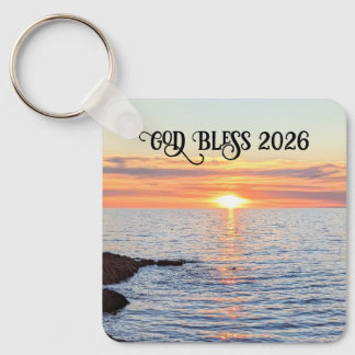 God Bless 2026 New Year Golden Sunset Photo Name キーホルダー