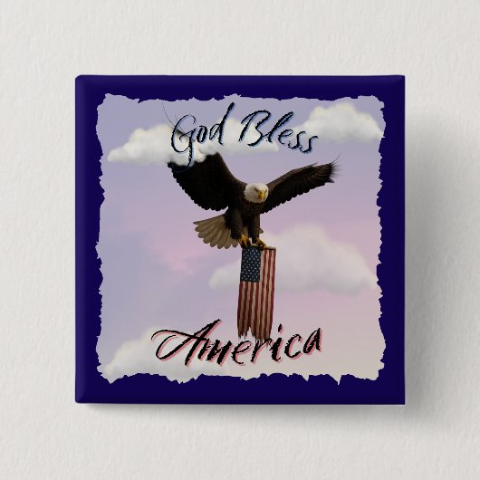 "God Bless America" ハクトウワシ 旗を持つ飛行姿 缶バッジ (正面)