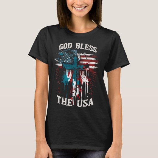 God Bless America Christian Patriotic Cross Tシャツ (正面)