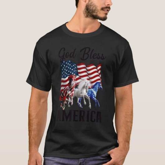 God Bless America Horses Flag Fourth Of July Tシャツ (正面)