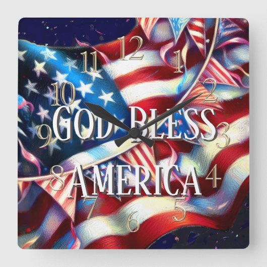 God Bless America Patriotic USA Flag Bunting スクエア壁時計 (正面)