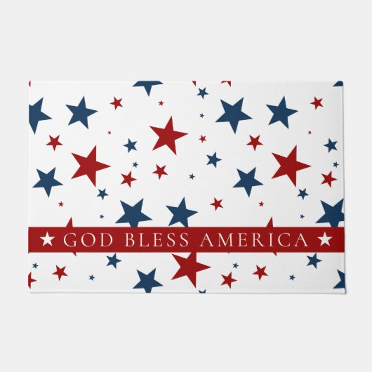 God Bless America Red Blue USA Stars Pattern ドアマット (正面)
