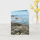 God Bless New Year 2026 Peaceful Blue Sea Photo カード (黄色い花)