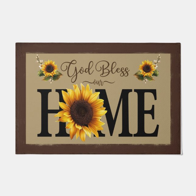God Bless Our Home Sunflowers Mat, Lovely ドアマット (正面)