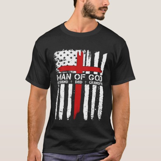 God Cross American Flag Jesus Christian Dad Grandp Tシャツ (正面)