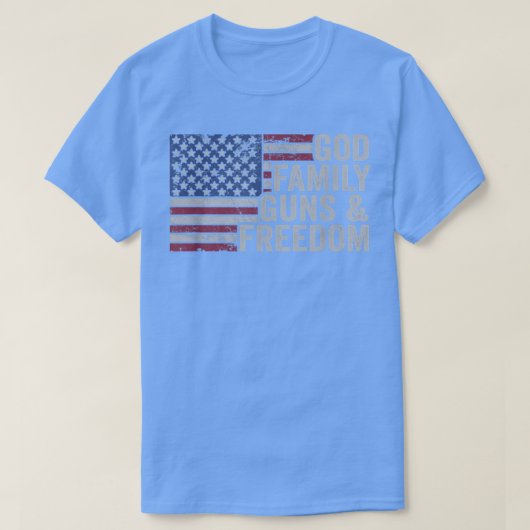 GOD FAMILY GUNS & FREEDOMPro Gun USA J国旗4日 Tシャツ (デザイン正面)