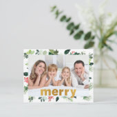 God Foilメリーフェスティバル緑のパーソナライズされた写真 シーズンポストカード (スタンド正面)