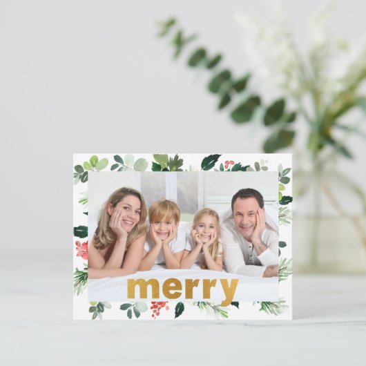 God Foilメリーフェスティバル緑のパーソナライズされた写真 シーズンポストカード (スタンド正面)