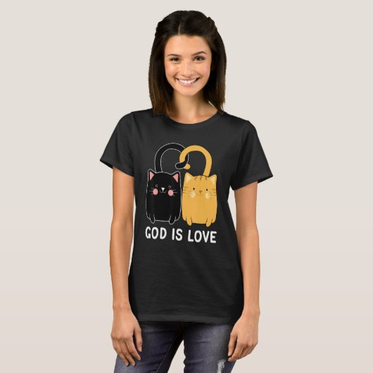 God Is Love Christian Black Kitten Ginger Cat Tシャツ (正面フル)