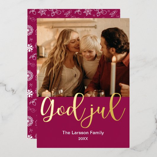 God Jul、ノルウェー語とスウェーデン語のメリークリスマス 箔シーズンカード (正面/裏面)