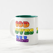 "God Loves All" Gay/LGBTQIA+/Queer Christian Pride ツートーンマグカップ (正面左)