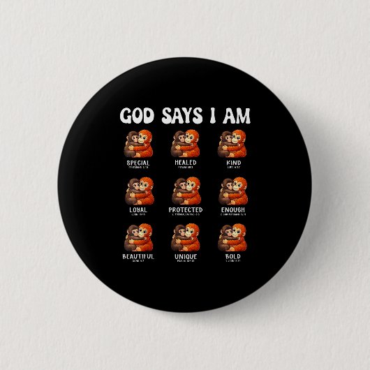 God says am christian affirmations cute monkey 缶バッジ (正面)