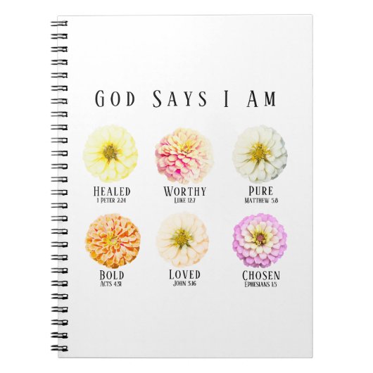God Says I Am Affirmation Pastel Zinnia Floral ノートブック (正面)