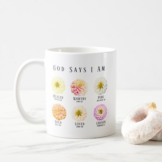 God Says I Am Affirmation Scripture Pastel Floral コーヒーマグカップ (ドーナツ)