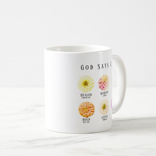 God Says I Am Affirmation Scripture Pastel Floral コーヒーマグカップ (正面右)