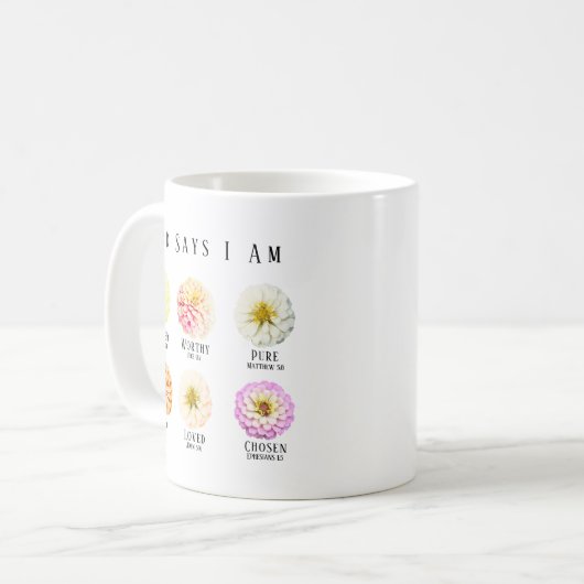 God Says I Am Affirmation Scripture Pastel Floral コーヒーマグカップ (正面左)