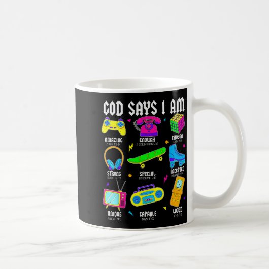 God Says I Am Christian Men Women Kids Retro 80's コーヒーマグカップ (右)