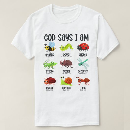 God Says I Am Kids Christian Bug Bible Shirt Tシャツ (デザイン正面)