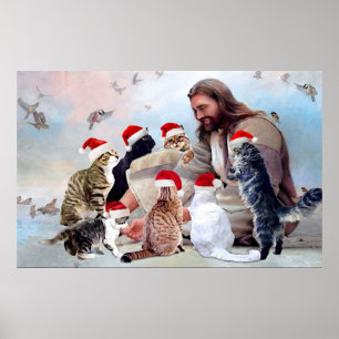 God Surrounded By Cat Angels Christmas ポスター