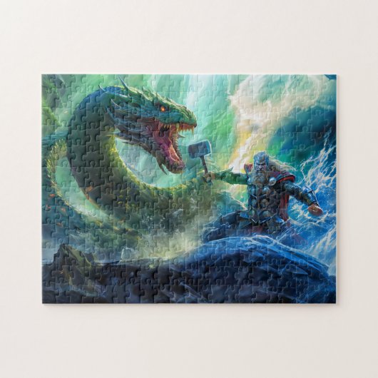 God Thor with Thorshammer fighting Midgards snake ジグソーパズル (横)