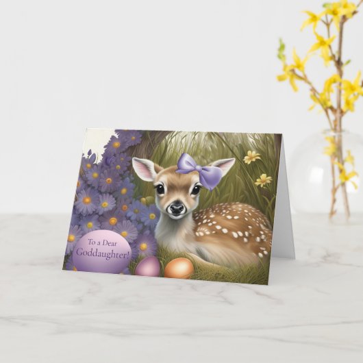 Goddaughter Happy Easter Cute Fawn with Eggs  カード (黄色い花)