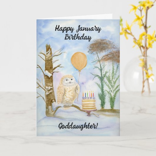 Goddaughter Happy January Birthday Owl Cake カード (黄色い花)