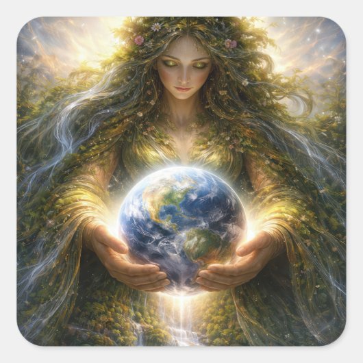 Goddess Gaia Gently Holding Planet Earth スクエアシール (正面)