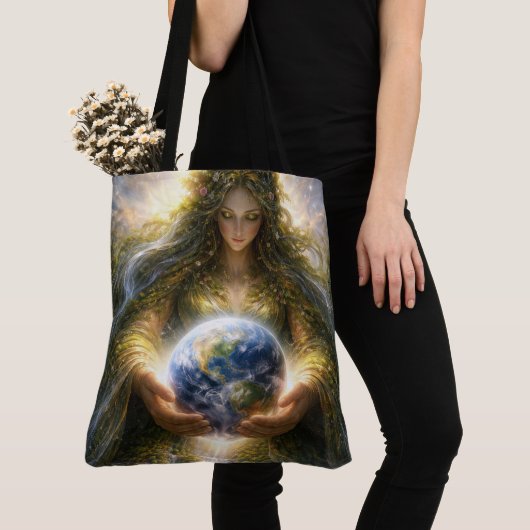 Goddess Gaia Gently Holding Planet Earth トートバッグ (クローズアップ)