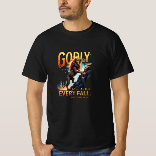 Godly Rise – ライオン登山ロック(箴言24:16) Tシャツ (正面)