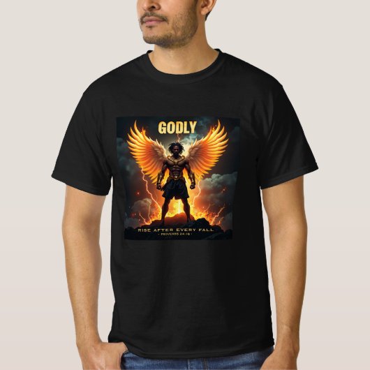 Godly Rise – 強い黒（箴言24:16） Tシャツ (正面)