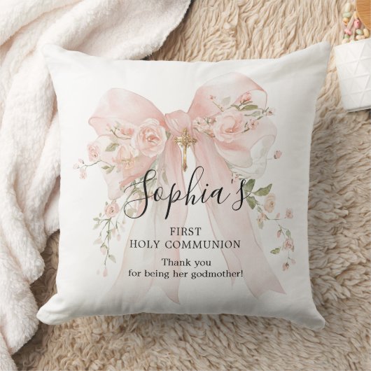 Godmother Gift First Communion Pink Bow Roses クッション (ブランケット)