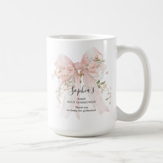 Godmother Gift First Communion Pink Bow Roses コーヒーマグカップ (右)