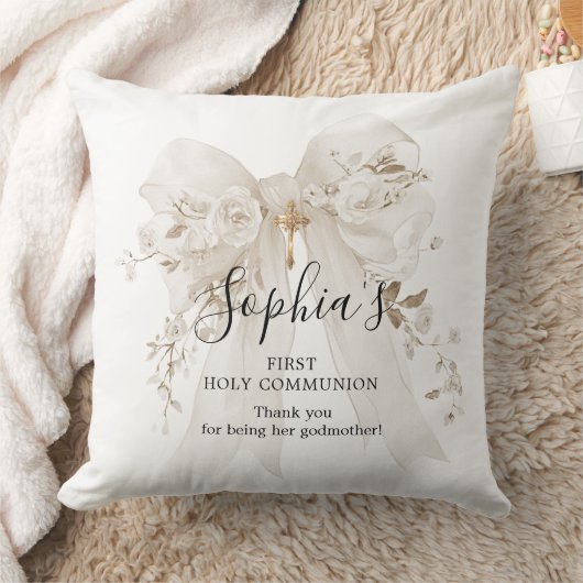 Godmother Gift First Communion White Bow Roses クッション (ブランケット)