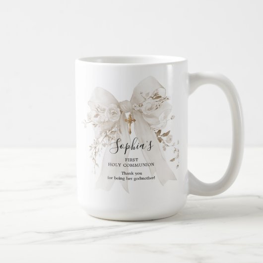 Godmother Gift First Communion White Bow Roses コーヒーマグカップ (右)