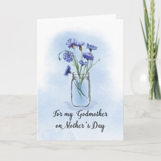 Godmother Mothers Day Cornflowers in Mason Jar カード (正面)