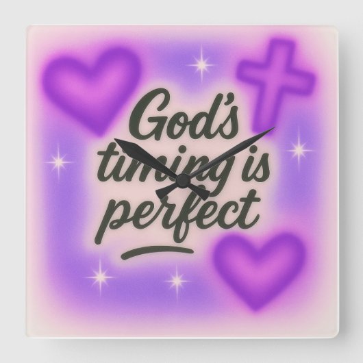 god's timing is perfect airbrush retro 90s purple  スクエア壁時計 (正面)