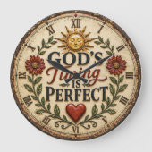 God's Timing Is Perfect Christian Rustic Faith ラージ壁時計 (正面)