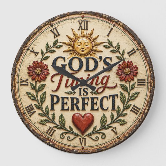 God's Timing Is Perfect Christian Rustic Faith ラージ壁時計 (正面)