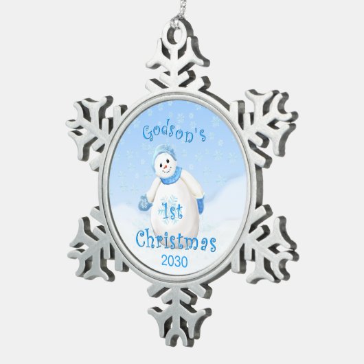 Godsonの第1クリスマスの雪だるま スノーフレークピューターオーナメント (右)