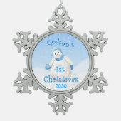 Godsonの第1クリスマスの雪だるま スノーフレークピューターオーナメント (正面)