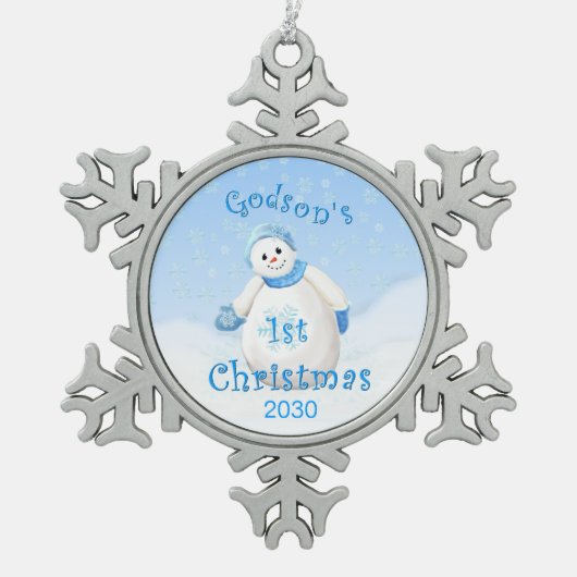 Godsonの第1クリスマスの雪だるま スノーフレークピューターオーナメント (正面)
