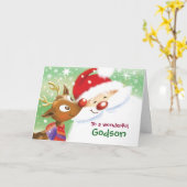 Godson、クリスマス、かわいいトナカイ及びサンタ カード (黄色い花)