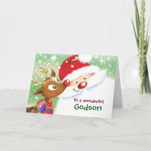 Godson、クリスマス、かわいいトナカイ及びサンタ カード (正面)
