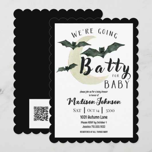 Going Batty For Baby October Baby Shower QR Code 招待状 (正面/裏面)