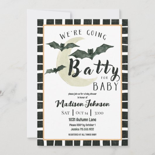 Going Batty For Baby October Baby Shower QR Code 招待状 (正面)