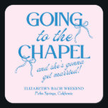 Going to the Chapel Bachelorette Weekend スクエアシール<br><div class="desc">The Going to the Chapel Bachelorette Collection blends playful charm with classic bridal style. Featuring a soft pink background paired with bold blue typography, this suite captures the excitement of a bride-to-be heading down the aisle. Delicate bow illustrations and a mix of elegant serif and flowing script fonts add a...</div>