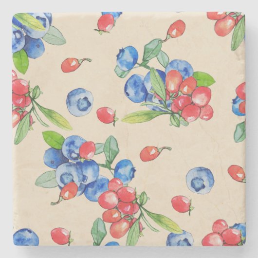 Goji、ブルーベリー：水彩イラストレーションパターン。 ストーンコースター (正面)
