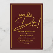 GOLD 実在 Foil Burgundy日付の保存結婚方法 箔招待状 (正面)