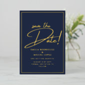 GOLD 実在 Foil Navy Blue Save the Date 結婚's 箔招待状 (立ち正面)