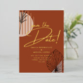 GOLD 実在 Foil Terracotta Save the Date 結婚's 箔招待状 (立ち正面)